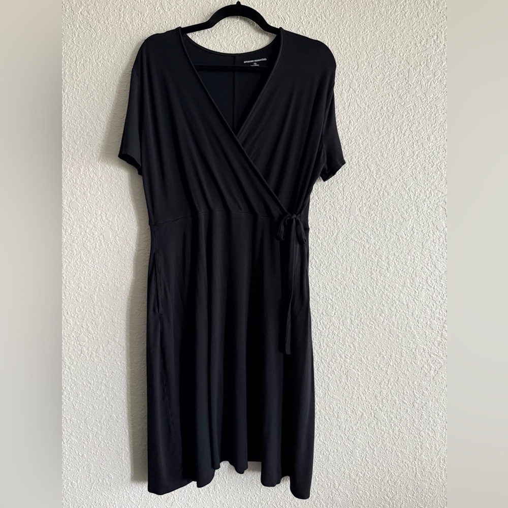 Black Faux Wrap Dress with Pockets